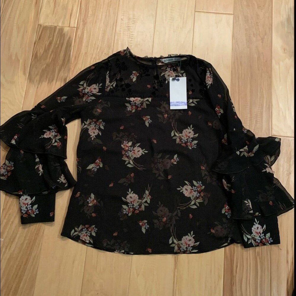 Zara Blouse Black Floral Sheer Ruffle Sleeves